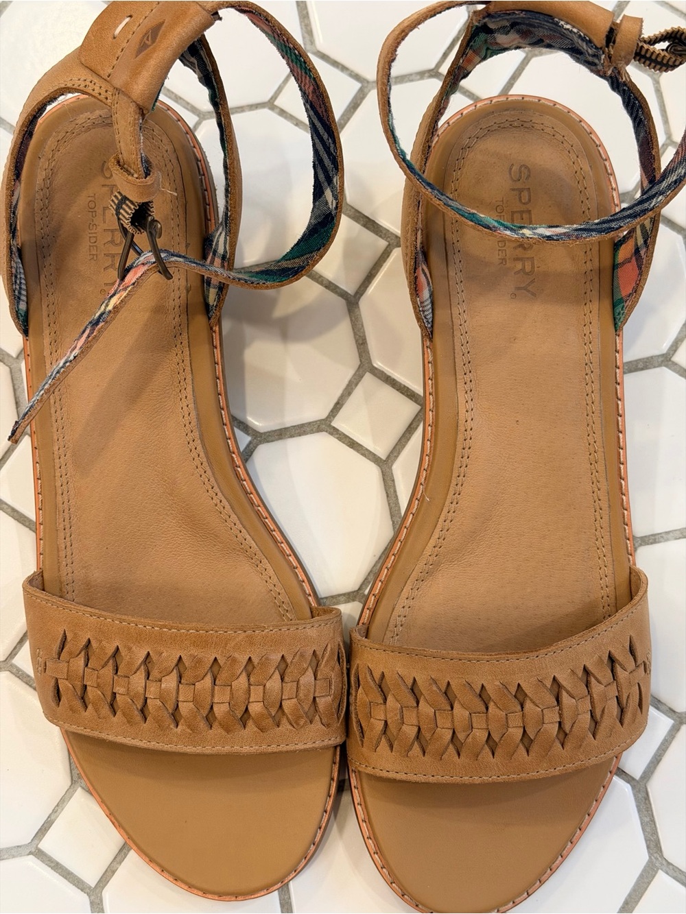 Sperry Tan Leather Woven Front Ankle Wrap Sandals with Multicolor Straps